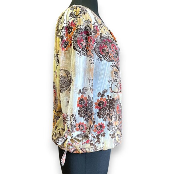 Dress Barn Paisley Sparkly Bubble Hem Gold Brown Orange Blouse Large - Picture 2 of 7